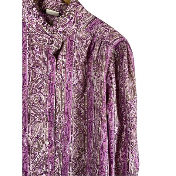 Vintage 1960s Blouse High Ruffle Neck Purple Paisley Button Up Secretary 42 / 2X - Picture 9 of 15